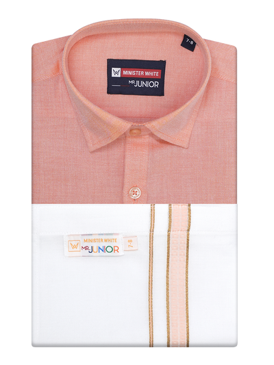 Boys Peach Matching Half Sleeves Shirt with Fancy Flexi Dhoti Combo Brave Boy by Minister White