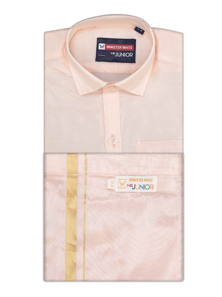 Boys Light Peach Matching Art Silk Shirt and Flexi Dhoti Combo Poppins by Minister White