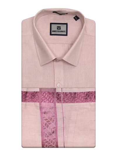 Mens Tissue Rose Shirt with Jacquard Fancy Border Dhoti Wedding Combo Nios by Minister White