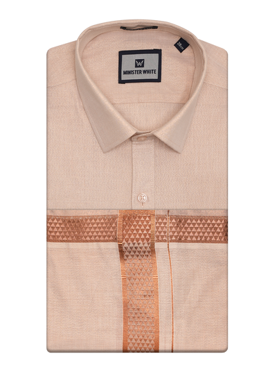 Mens Tissue Copper Shirt with Jacquard Fancy Border Dhoti Wedding Combo Nios by Minister White