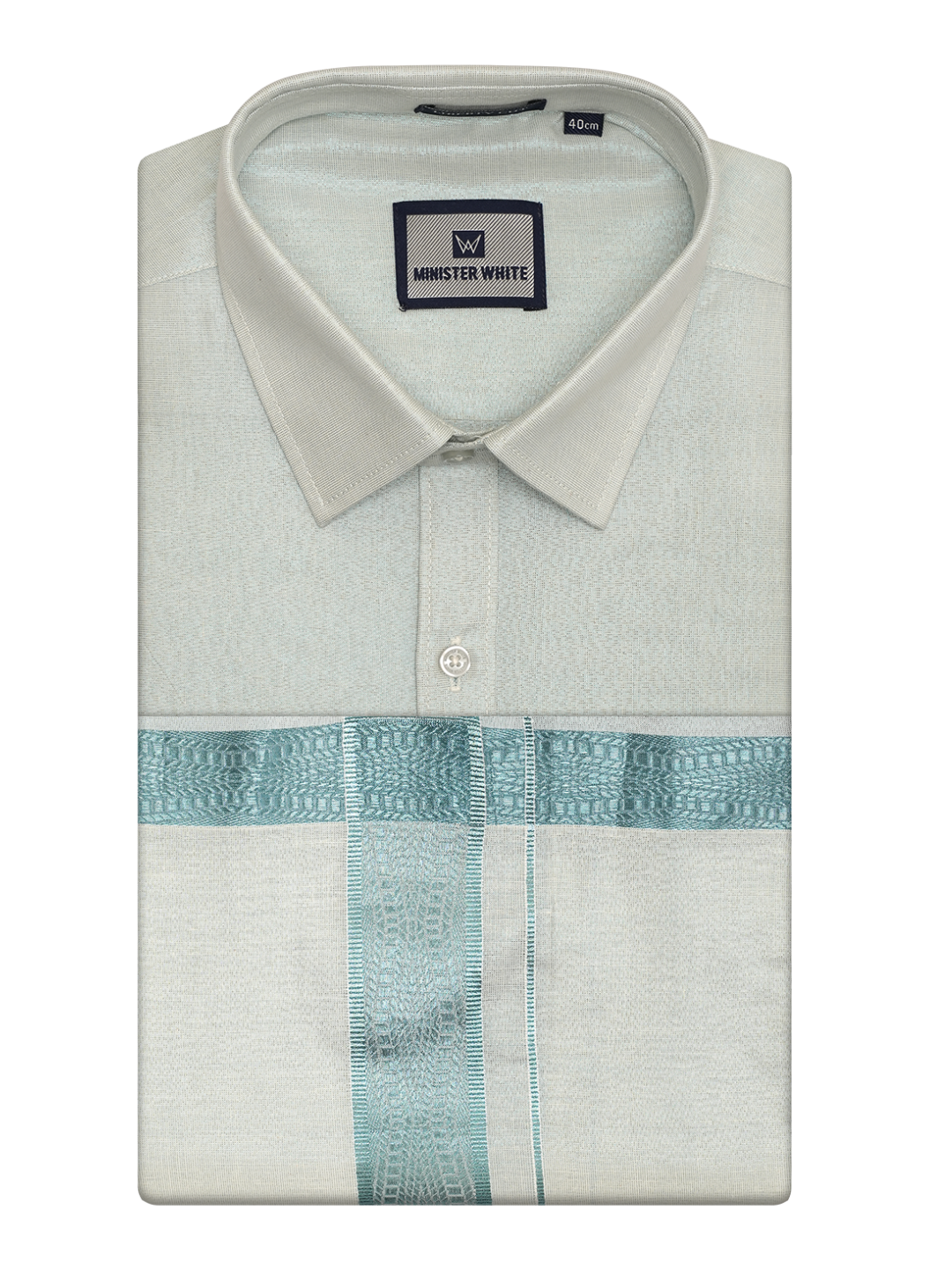 Mens Tissue Mint Blue Shirt with Jacquard Fancy Border Dhoti Wedding Combo Nios by Minister White