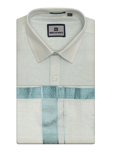 Mens Tissue Mint Blue Shirt with Jacquard Fancy Border Dhoti Wedding Combo Nios by Minister White