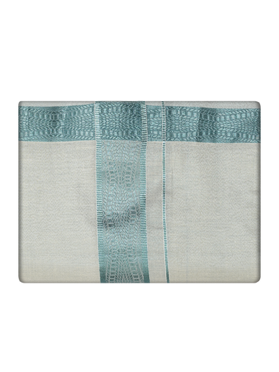 Mens Tissue Mint Blue Border Dhoti by Minister White