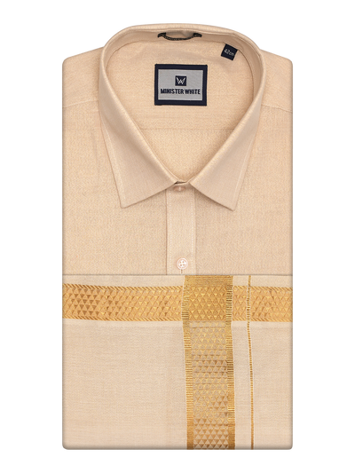 Mens Tissue Gold Shirt with Jacquard Fancy Border Dhoti Wedding Combo Nios by Minister White