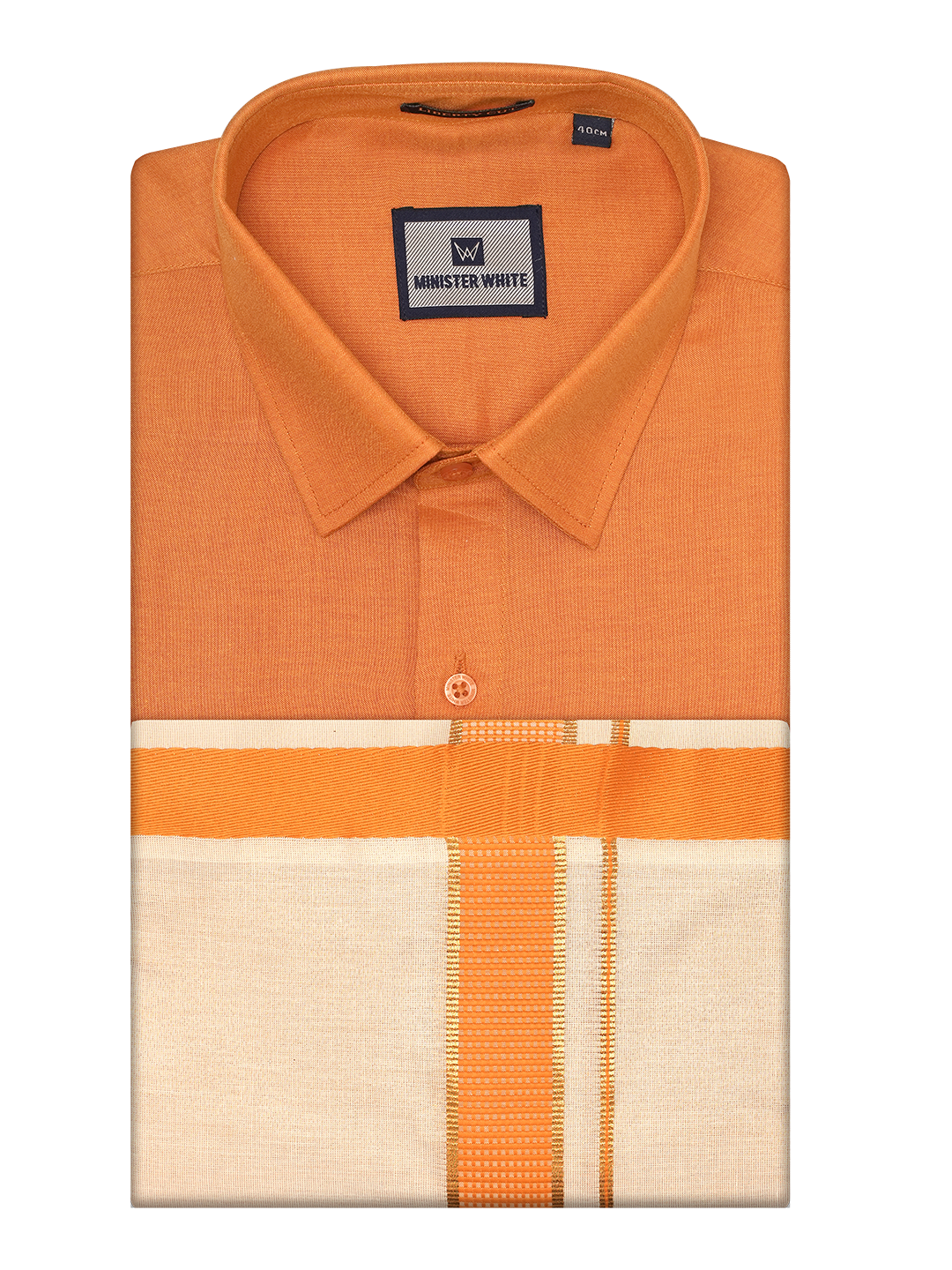 Mens Cotton Orange Shirt with Tissue Matching Border Dhoti Wedding Combo Kandala by Minister White