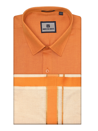 Mens Cotton Orange Shirt with Tissue Matching Border Dhoti Wedding Combo Kandala by Minister White