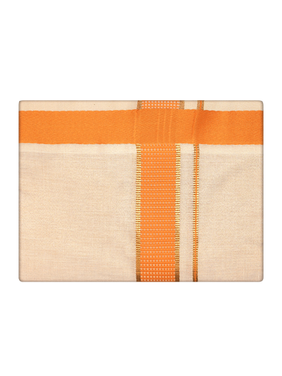 Mens Tissue Orange Color border Dhoti by Minister White