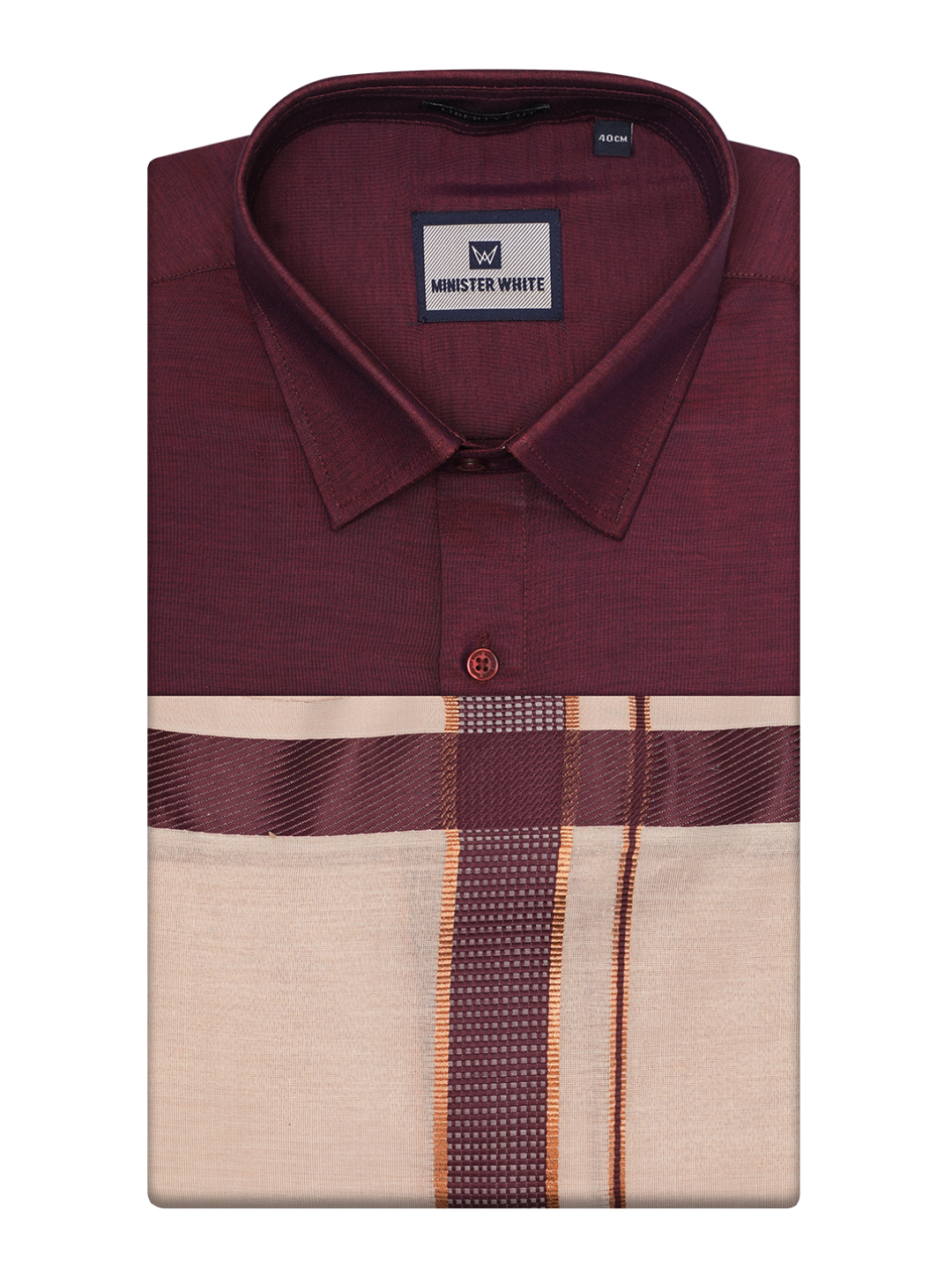 Mens Cotton Maroon Shirt with Tissue Matching Border Dhoti Wedding Combo Kandala by Minister White