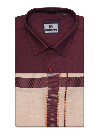 Mens Cotton Maroon Shirt with Tissue Matching Border Dhoti Wedding Combo Kandala by Minister White