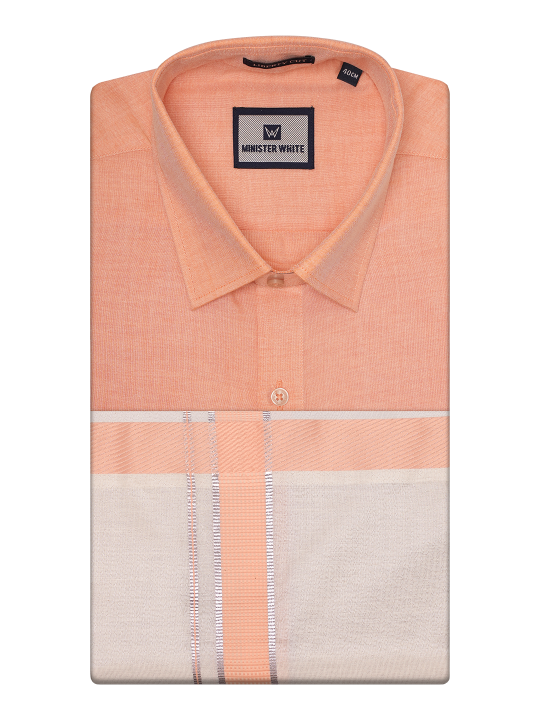 Mens Cotton Peach Shirt with Tissue Matching Border Dhoti Wedding Combo Kandala by Minister White