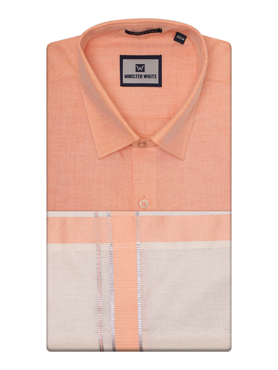 Mens Cotton Peach Shirt with Tissue Matching Border Dhoti Wedding Combo Kandala by Minister White