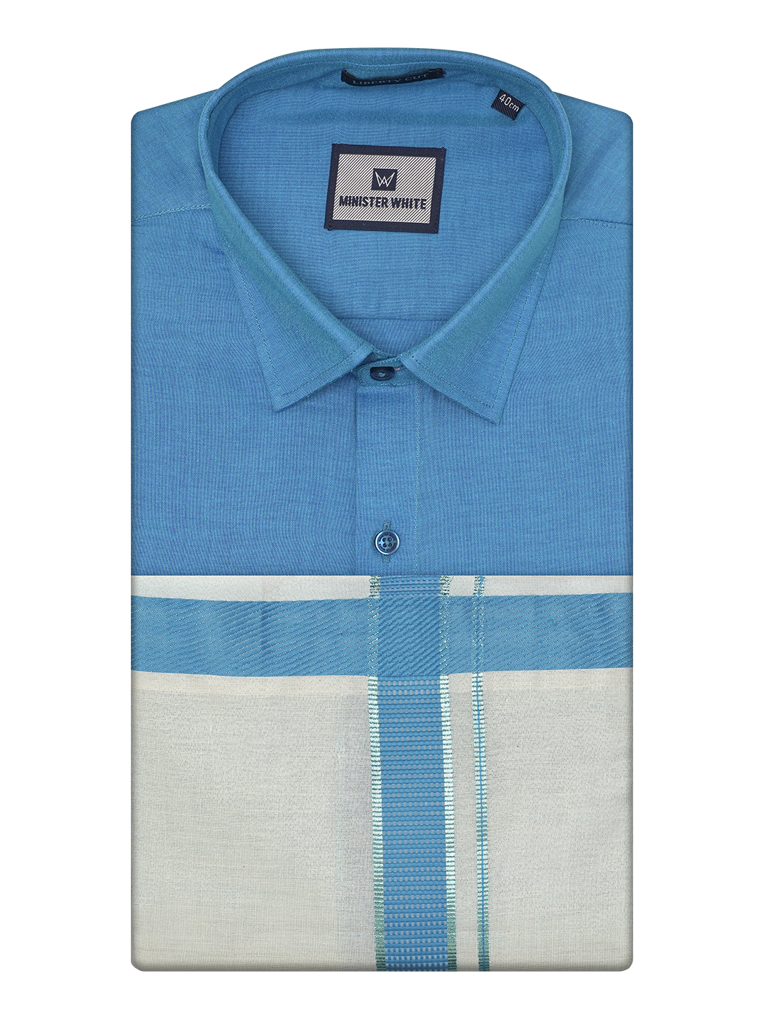 Mens Cotton Blue Shirt with Tissue Matching Border Dhoti Wedding Combo Kandala by Minister White