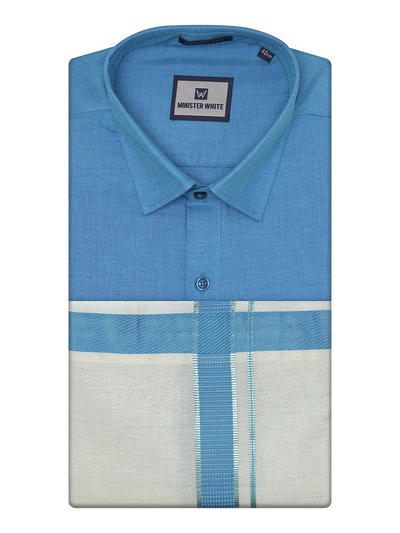 Mens Cotton Blue Shirt with Tissue Matching Border Dhoti Wedding Combo Kandala by Minister White