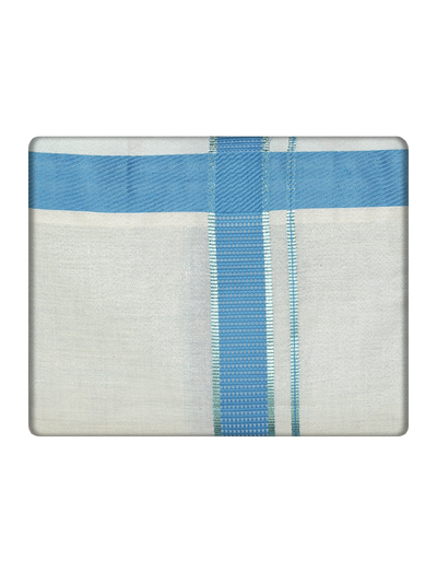 Mens Tissue Blue Color Border Dhoti by Minister White