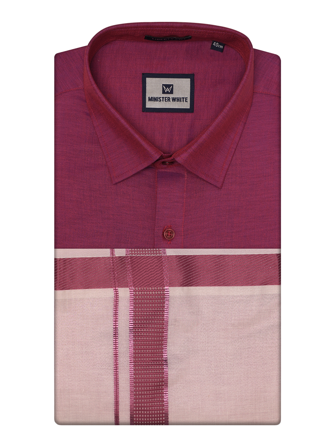 Mens Cotton Magenta Shirt with Tissue Matching Border Dhoti Wedding Combo Kandala by Minister White