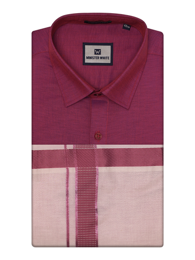 Mens Cotton Magenta Shirt with Tissue Matching Border Dhoti Wedding Combo Kandala by Minister White