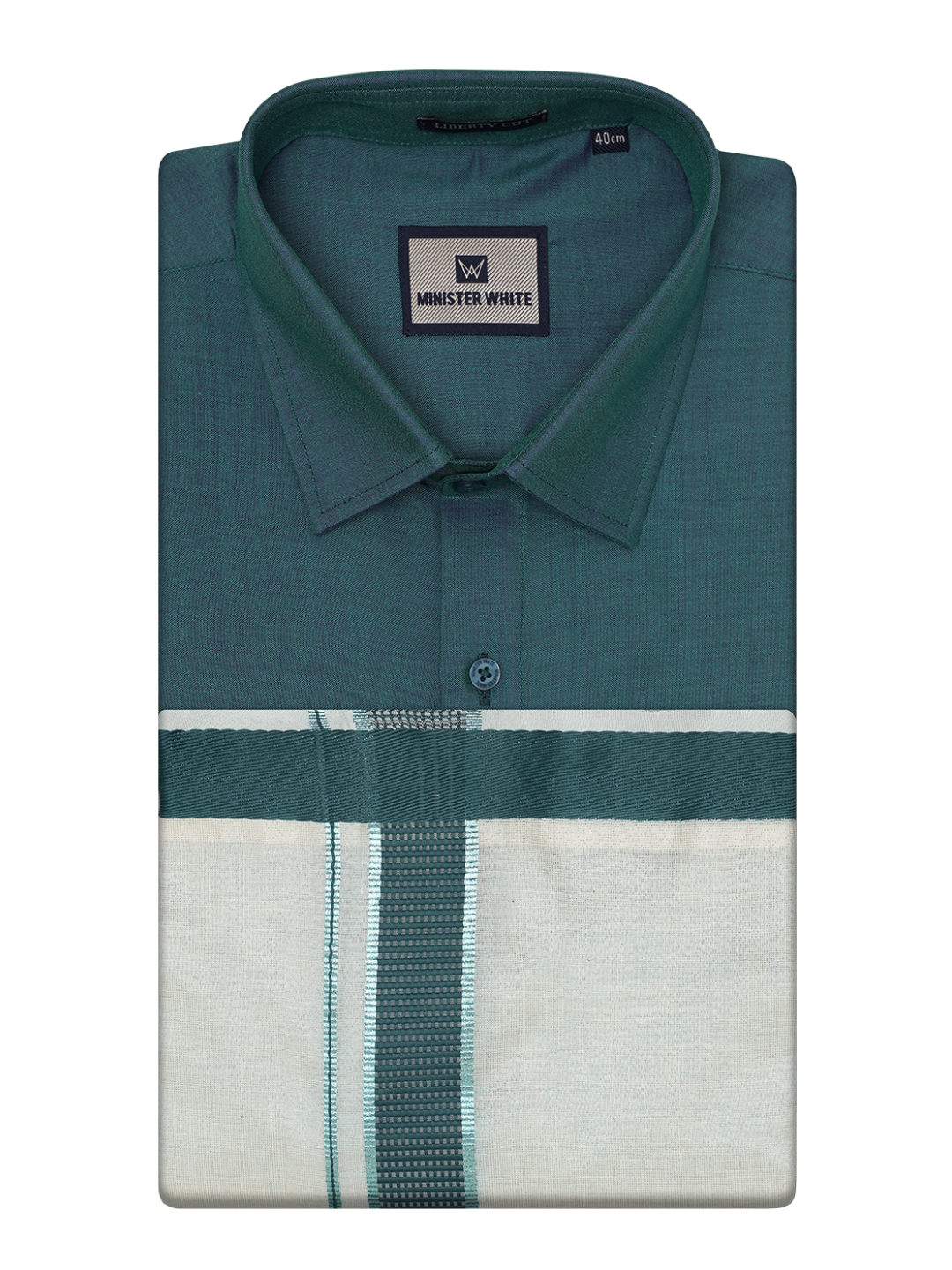 Mens Cotton Green Shirt with Tissue Matching Border Dhoti Wedding Combo Kandala by Minister White