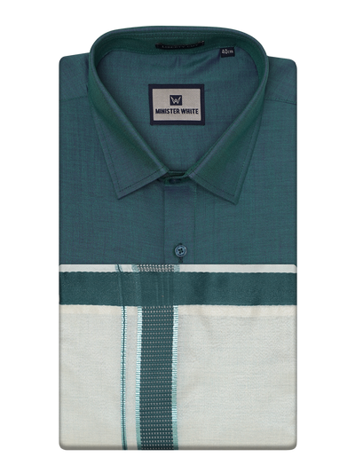 Mens Cotton Green Shirt with Tissue Matching Border Dhoti Wedding Combo Kandala by Minister White