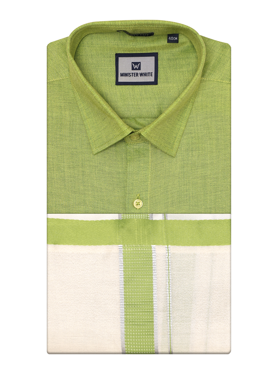 Mens Cotton Light Green Shirt with Tissue Matching Border Dhoti Wedding Combo Kandala by Minister White