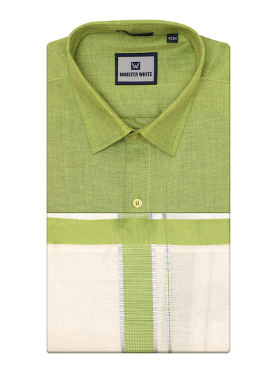 Mens Cotton Light Green Shirt with Tissue Matching Border Dhoti Wedding Combo Kandala by Minister White