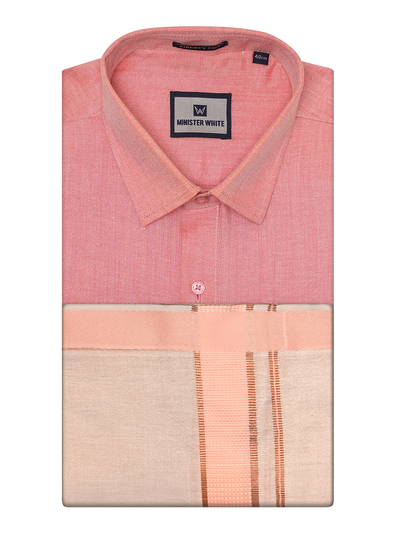 Mens Cotton Pink Shirt with Tissue Matching Border Dhoti Wedding Combo Kandala by Minister White