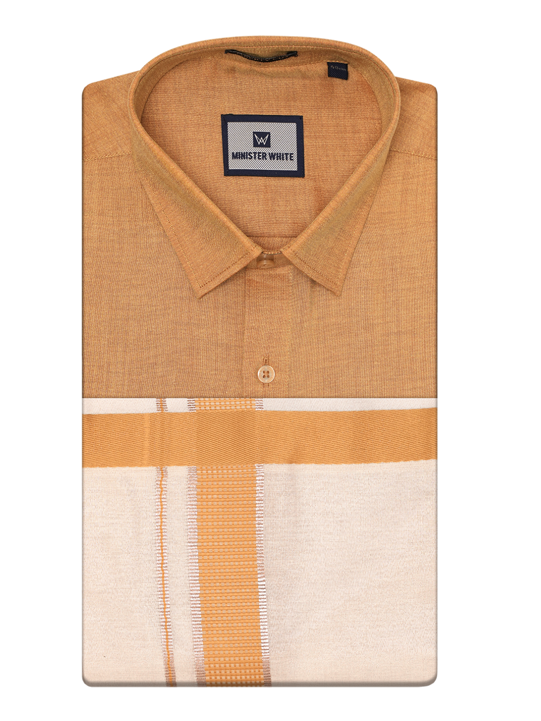 Mens Cotton Mustard Shirt with Tissue Matching Border Dhoti Wedding Combo Kandala by Minister White