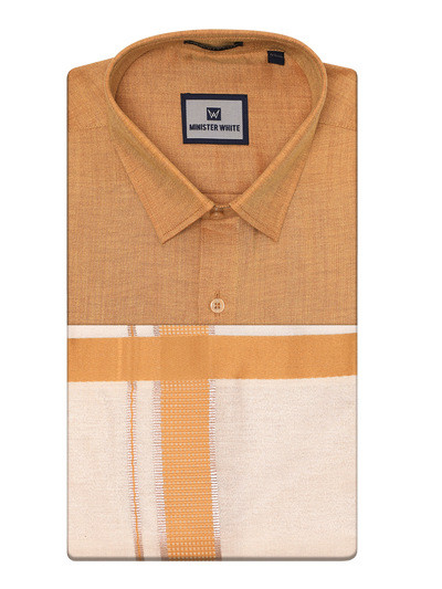 Mens Cotton Mustard Shirt with Tissue Matching Border Dhoti Wedding Combo Kandala by Minister White