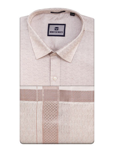 Mens Almond Colour Jacquard Shirt with Matching Dhoti Combo Zeebra by Minister White