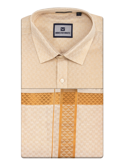 Mens Gold Colour Jacquard Shirt with Matching Dhoti Combo Zeebra by Minister White