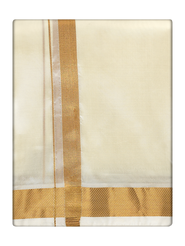 Men's Premium Art Silk Cream Shirt Bit with 50k Gold Jari Border Dhoti Towel Combo Wedding Wonders