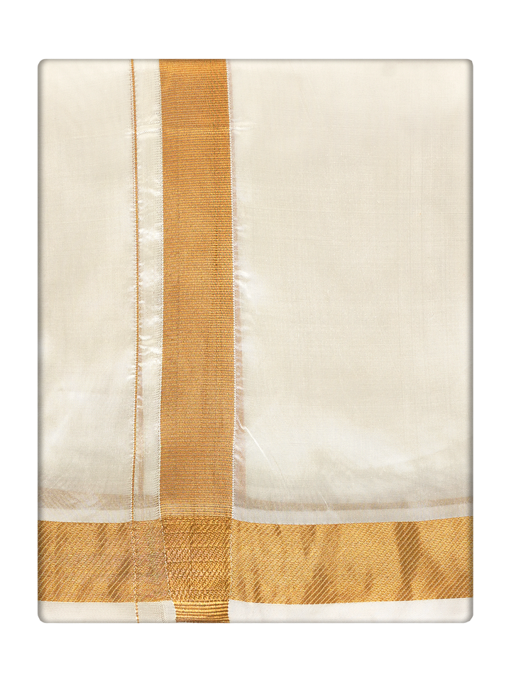 Men's Premium Art Silk Cream Shirt Bit with 100k Gold Jari Border Dhoti Towel Combo Wedding Wonders
