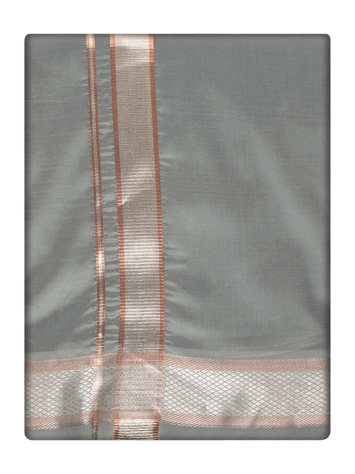 Men's Premium Art Silk Steel Grey Shirt Bit with Silver Jari Border Dhoti Towel Combo Wedding Wonders