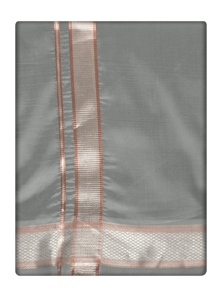 Men's Premium Art Silk Steel Grey Shirt Bit with Silver Jari Border Dhoti Combo Cherished Moments