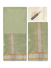 Men's Premium Art Silk Pista Green Shirt Bit with Gold Jari Border Dhoti Towel Combo Wedding Wonders