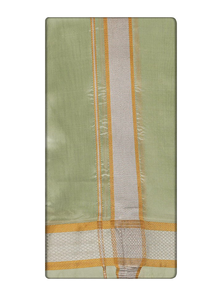 Men's Premium Art Silk Pista Green Shirt Bit with Gold Jari Border Dhoti Towel Combo Wedding Wonders