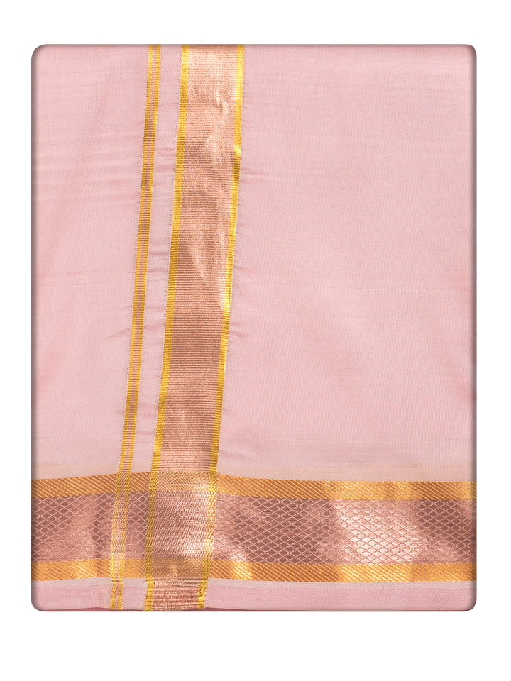 Men's Premium Art Silk Pink Shirt Bit with Gold Jari Border Dhoti Towel Combo Wedding Wonders