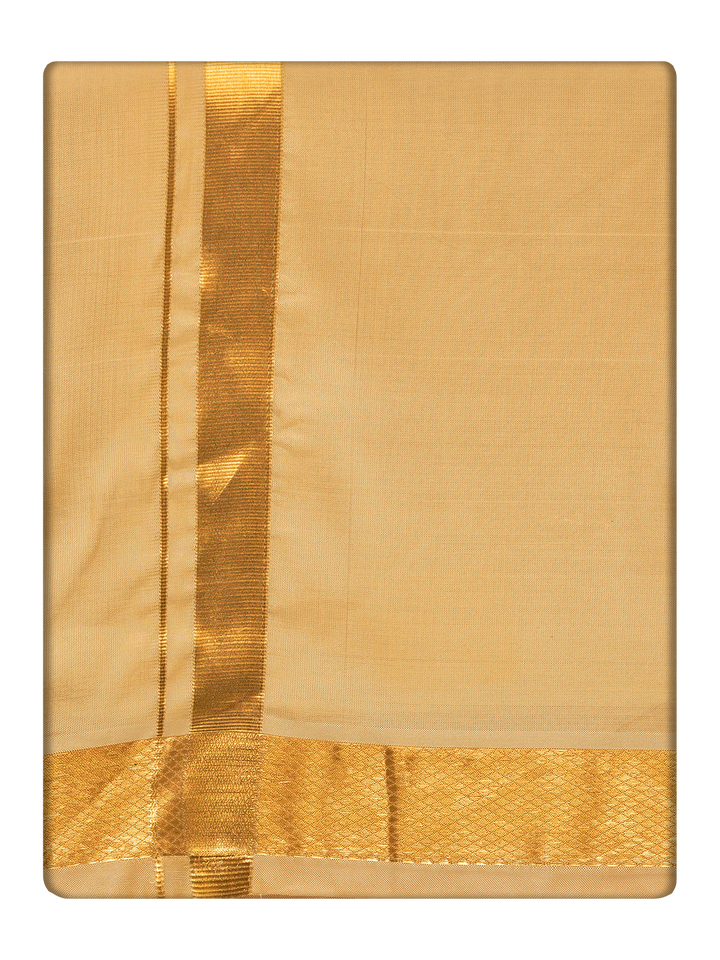 Men's Premium Art Silk Medium Gold Shirt Bit with Gold Jari Border Dhoti Towel Combo Wedding Wonders