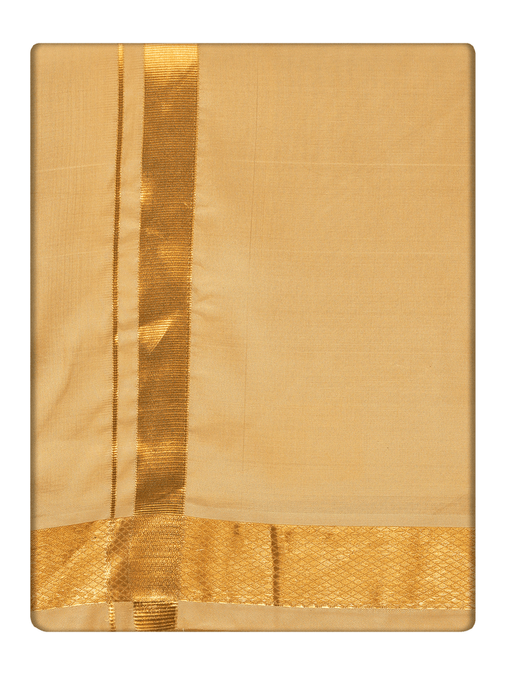 Men's Premium Art Silk Medium Gold Shirt Bit with Gold Jari Border Dhoti Combo Cherished Moments