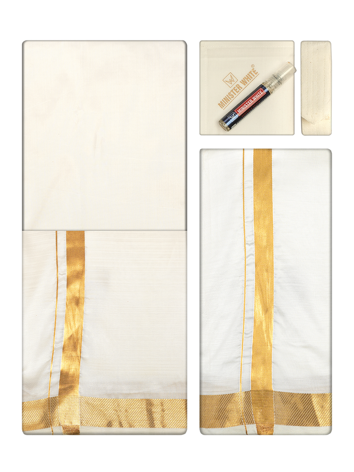 Men's Premium Art Silk Cream Shirt Bit with 70k Gold Jari Border Dhoti Towel Combo Wedding Wonders