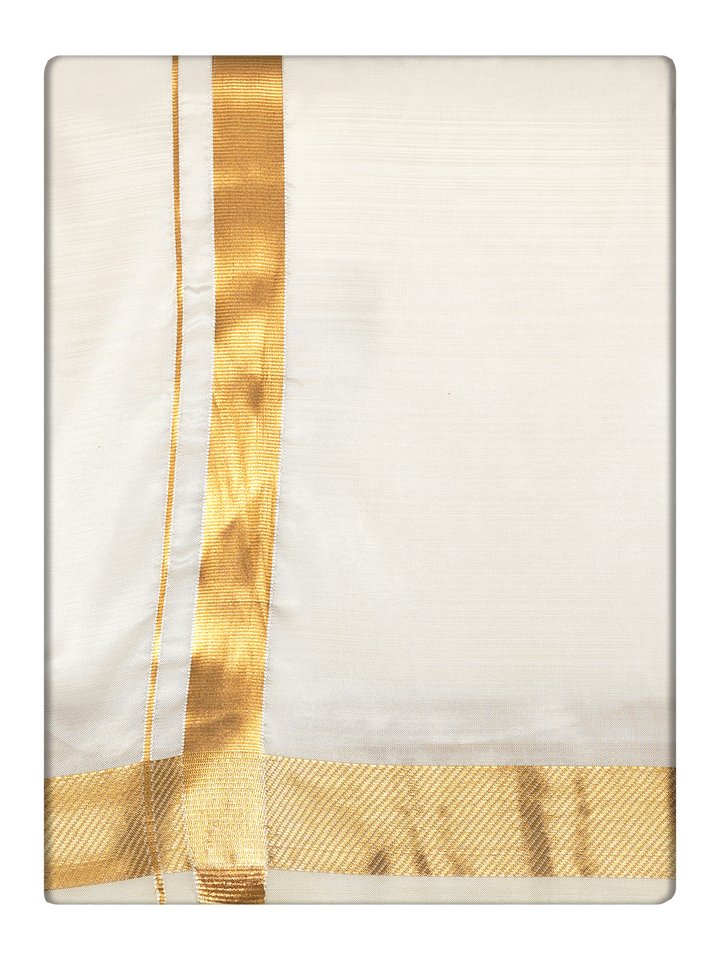 Men's Premium Art Silk Cream Shirt Bit with 70k Gold Jari Border Dhoti Towel Combo Wedding Wonders