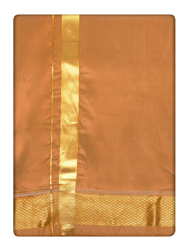 Men's Premium Art Silk Dark Gold Shirt Bit with Gold Jari Border Dhoti Towel Combo Wedding Wonders