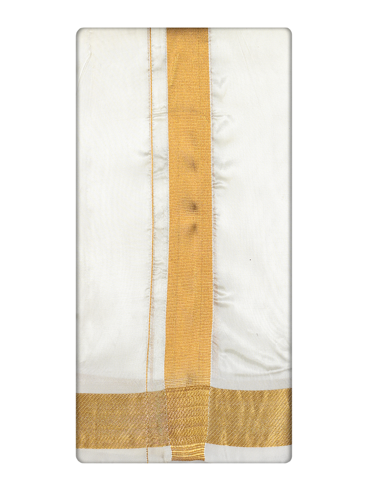 Men's Premium Art Silk Cream Shirt Bit with 100k Gold Jari Border Dhoti Towel Combo Wedding Wonders