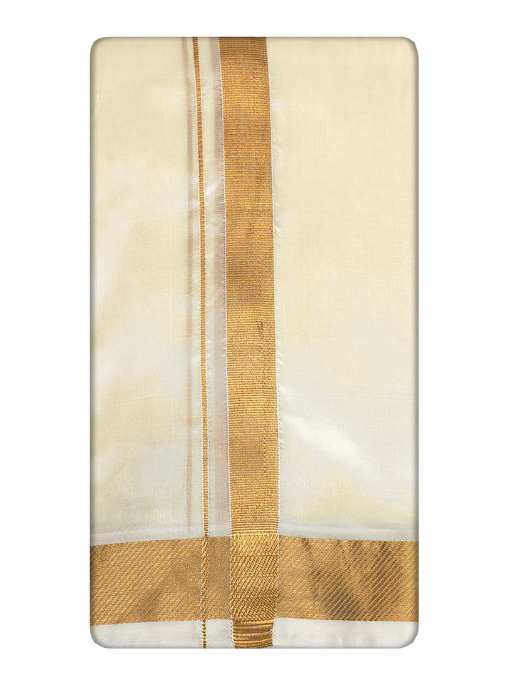 Men's Premium Art Silk Cream Shirt Bit with 50k Gold Jari Border Dhoti Towel Combo Wedding Wonders