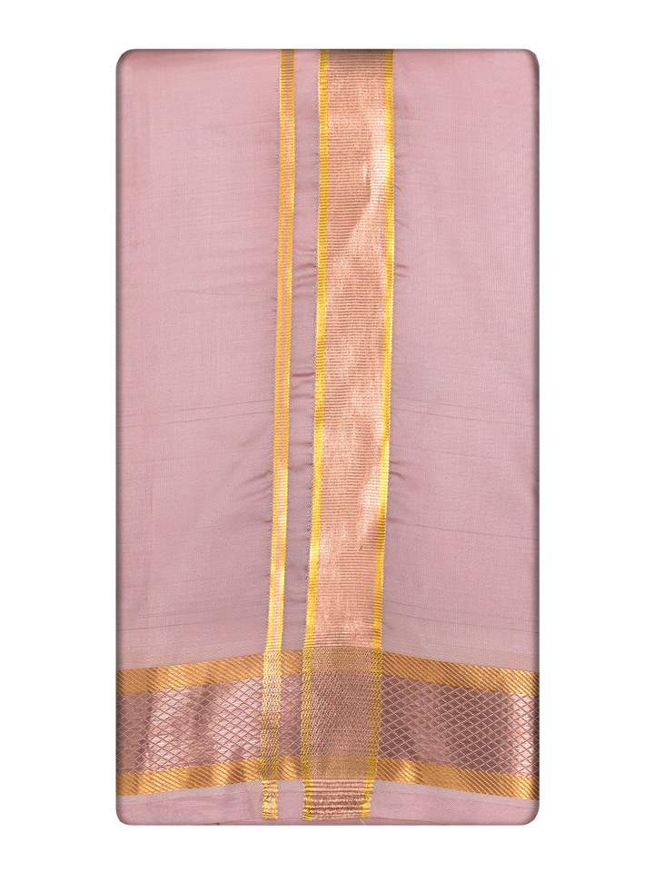Men's Premium Art Silk Pink Shirt Bit with Gold Jari Border Dhoti Towel Combo Wedding Wonders