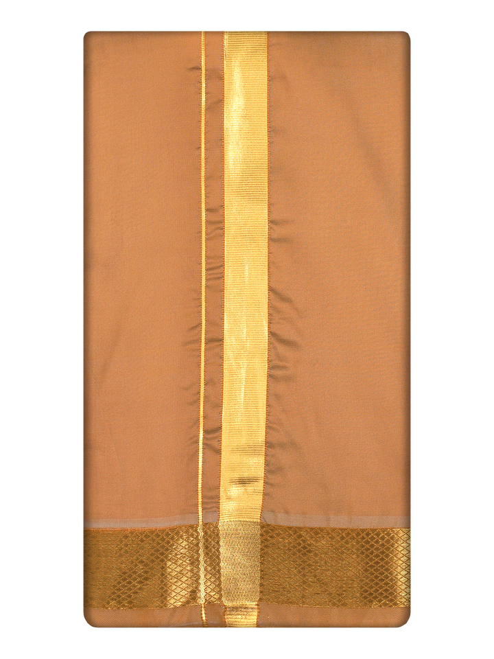 Men's Premium Art Silk Dark Gold Shirt Bit with Gold Jari Border Dhoti Towel Combo Wedding Wonders