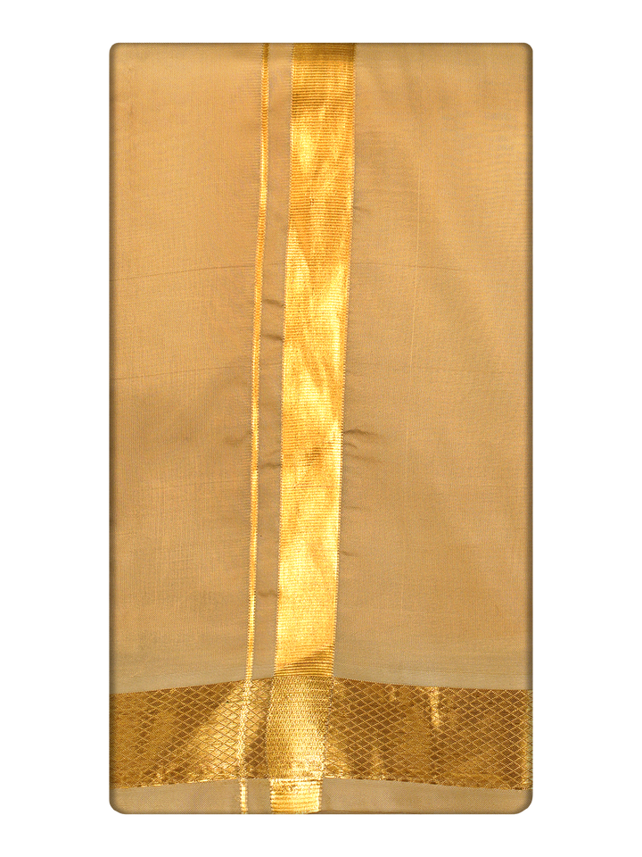 Men's Premium Art Silk Medium Gold Shirt Bit with Gold Jari Border Dhoti Towel Combo Wedding Wonders