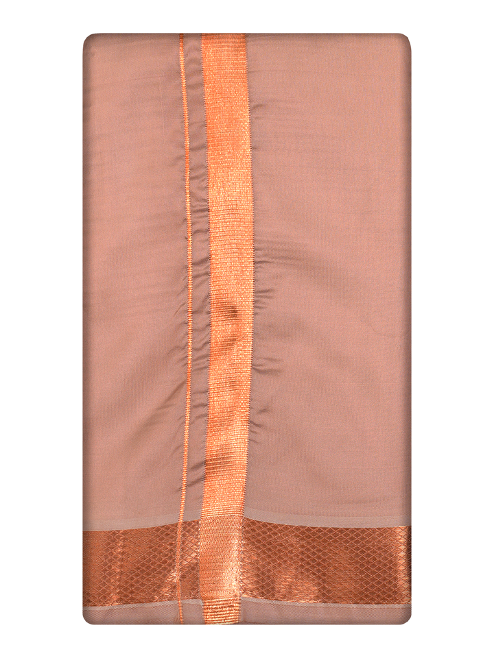 Men's Premium Art Silk Dark Copper Shirt Bit with Copper Jari Border Dhoti Towel Combo Wedding Wonders