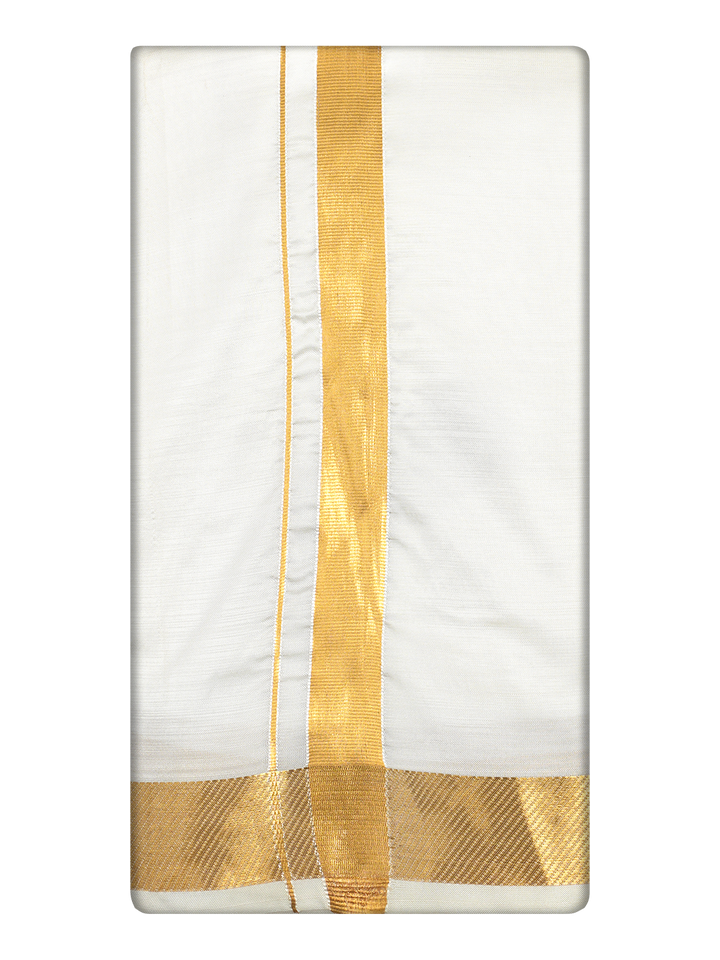 Men's Premium Art Silk Cream Shirt Bit with 70k Gold Jari Border Dhoti Towel Combo Wedding Wonders