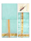 Men's Premium Art Silk Mint Leaf Green Shirt Bit with Gold Jari Border Dhoti Towel Combo Wedding Wonders