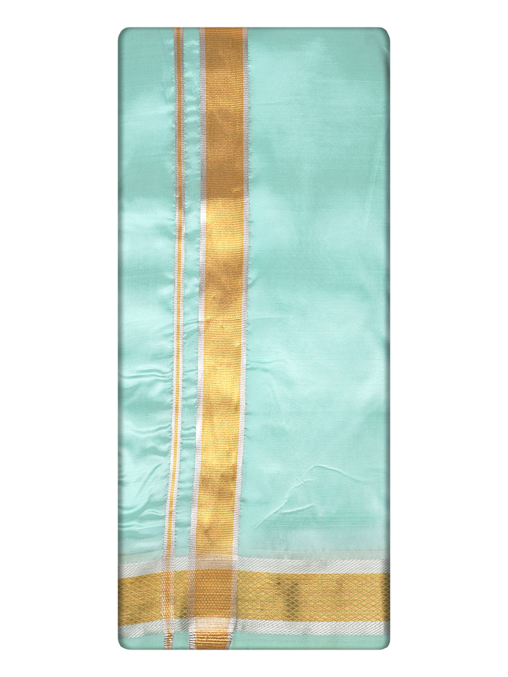 Men's Premium Art Silk Mint Leaf Green Shirt Bit with Gold Jari Border Dhoti Towel Combo Wedding Wonders
